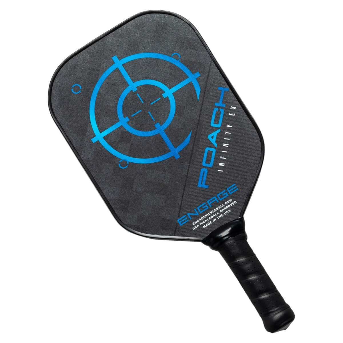 Top-down view of a black pickleball paddle with a blue target design, POACH INFINITY EX text, and Engage branding.