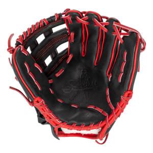 Front view of a black baseball glove with red lacing, Shoeless Joe logo, and white wrist padding.