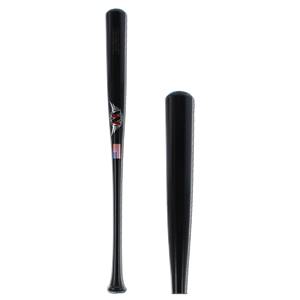 Front view of a black baseball bat with an M logo and American flag detail.