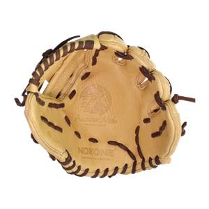 Top-down view of a tan baseball glove with dark brown lacing and embossed American Made and Nokona logos.
