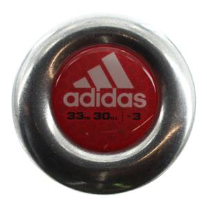 End view of a red baseball bat with Adidas logo and 33in 30oz -3 text.