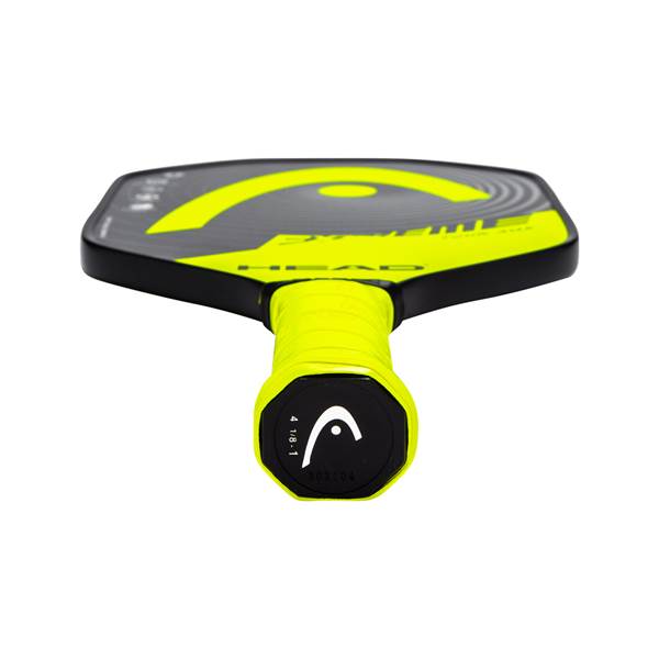 Bottom-down view of a black pickleball paddle with a neon yellow HEAD logo and grip.