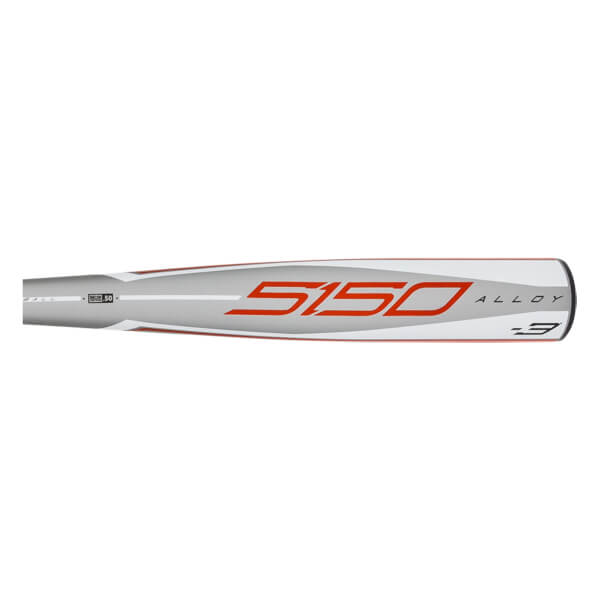 Side view of a silver baseball bat with red 5150 ALLOY text and a Rawlings logo.