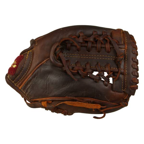 Top-down view of a brown baseball glove with dark brown lacing and a red embroidered logo.