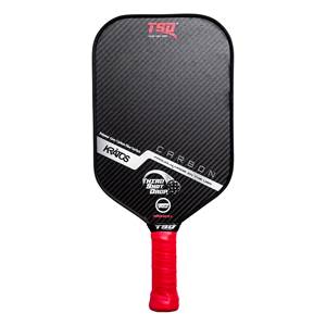 Front view of a black carbon fiber pickleball paddle with red grip, KRATOS and CARBON text.