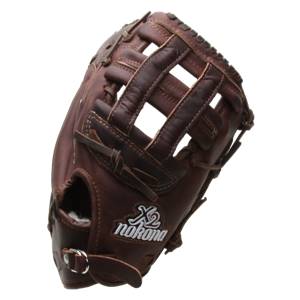 Corner view of a brown leather baseball glove with a webbed finger section and Nokona branding.