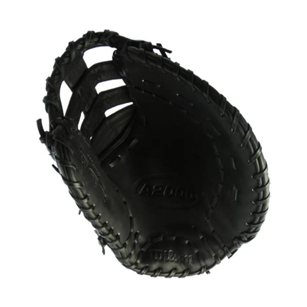 Top-down view of a black baseball glove with A2000 and Wilson branding.
