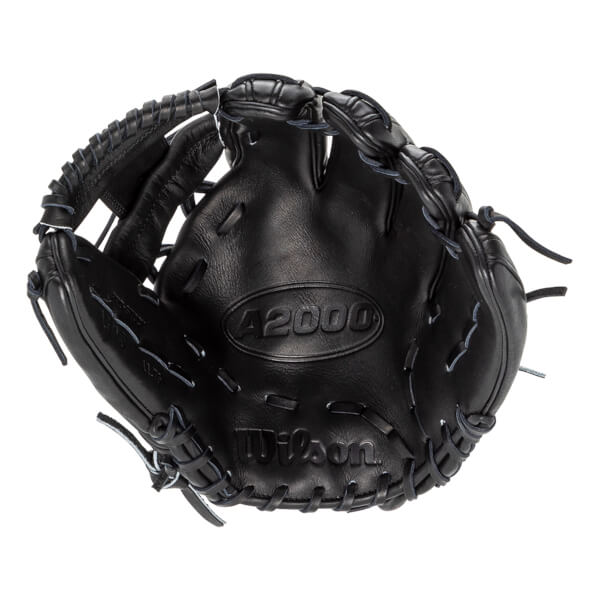 Front view of the black leather baseball glove highlighting the embossed "A2000" and "Wilson" logos in the center of the palm.