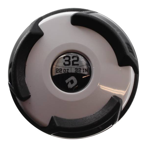 End view of a white softball bat with black accents and a circular inset showing 32, 22 OZ, and 32 IN.