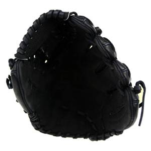 Top-down view of a black baseball glove with a deep pocket and reinforced lacing.