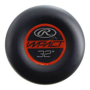 Top-down view of a black baseball bat with red IMPACT and 32 branding.