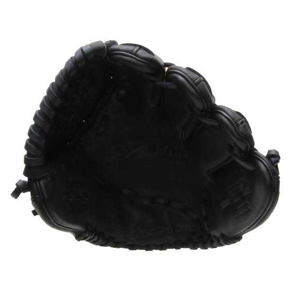 Top-down view of a black softball glove with stitched finger stalls and a deep pocket.