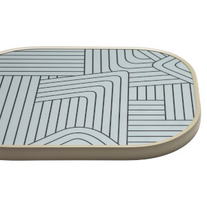 Corner view of a light blue pickleball paddle with a geometric black line pattern and a beige edge.