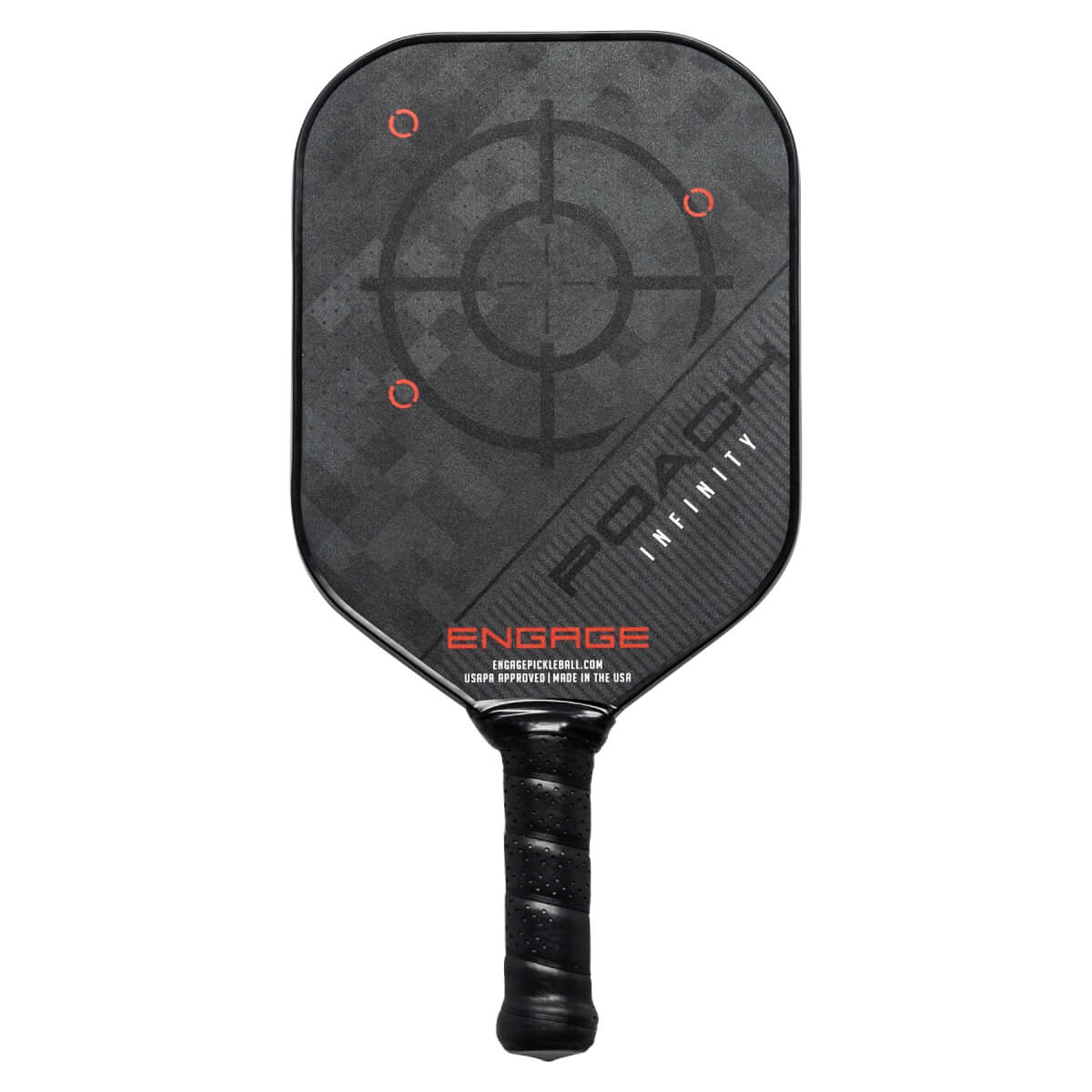 Front view of a black pickleball paddle with a target design, POACH INFINITY text, and Engage branding.