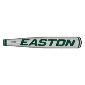 Side view of a silver baseball bat with green EASTON branding and a green end cap.