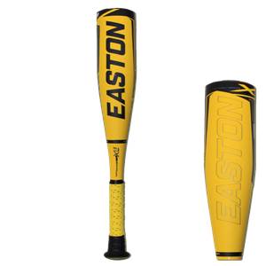 Front view of a yellow Easton baseball bat with black lettering and a textured grip.