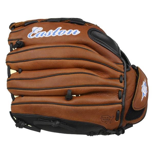 Side view of a brown Easton baseball glove with black lacing and a blue logo.