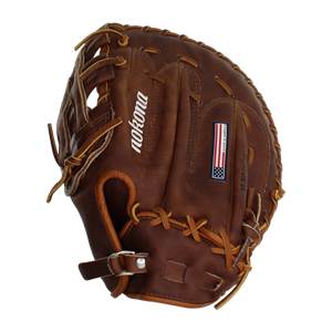 Front view of a brown baseball glove with Nokona branding and a Made in America flag patch.