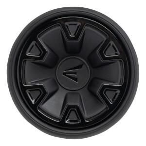Top-down view of a black baseball bat end cap with the Easton logo and geometric patterns.