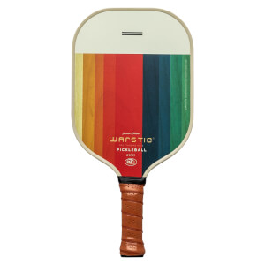 Front view of a white pickleball paddle with a rainbow stripe design, Warstic branding, and a brown grip.