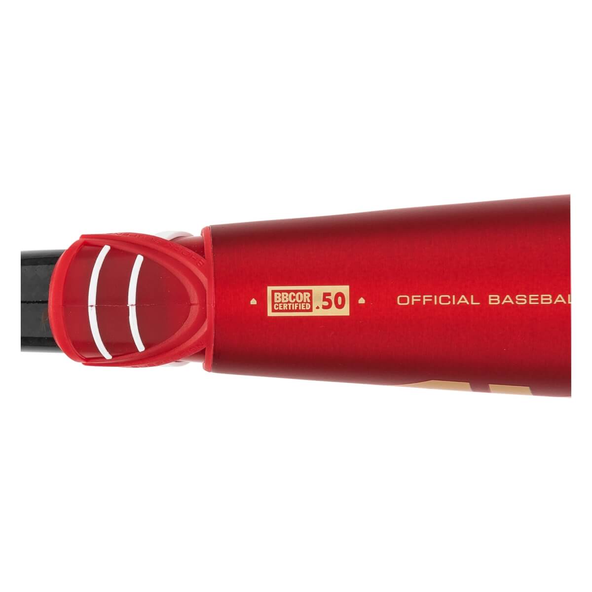 Close-up of a red baseball bat with a red end cap, BBCOR CERTIFIED .50, and OFFICIAL BASEBALL text.