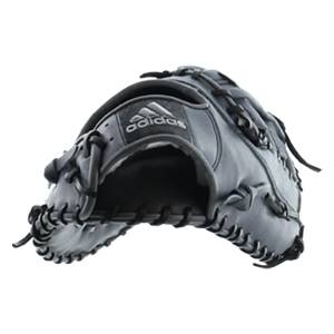 Front view of a black Adidas baseball mitt with a deep pocket and reinforced lacing.