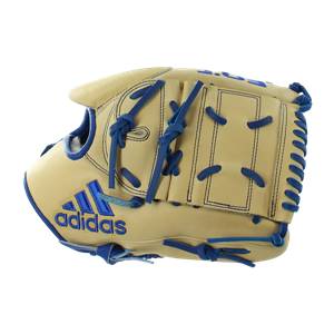 Side view of a tan baseball glove with blue lacing and an Adidas logo.