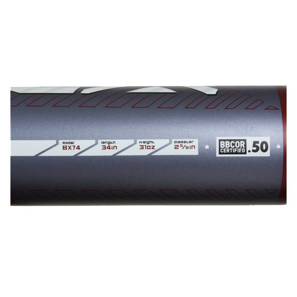 Side view of a gray Easton Reflex BBCOR Baseball Bat with model BX74, 34in length, 31oz weight, and 2 5/8in diameter.