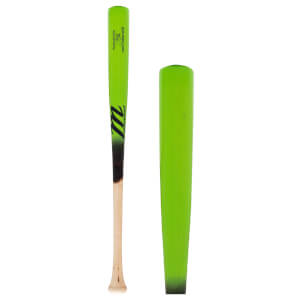 Full view of a neon green baseball bat with black Marucci logo and natural wood handle, alongside a detail of its bright green barrel.