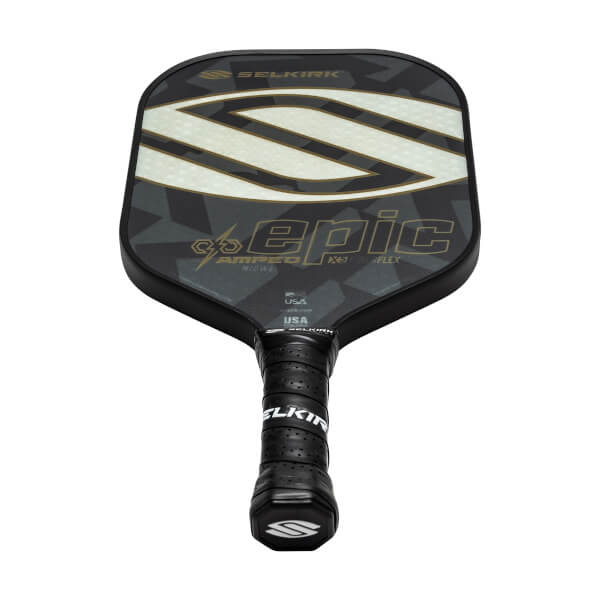 Top-down view of a black pickleball paddle with a large white S graphic and epic text.