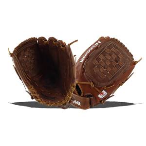 Top-down view of brown leather baseball gloves with NOKONA branding and a woven web design.