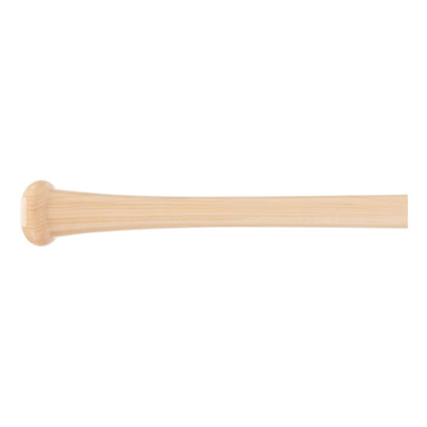 Side view of a natural wood baseball bat with a flared knob and visible wood grain.