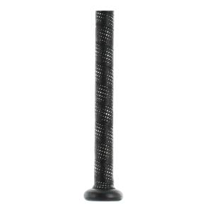 Close-up of a black baseball bat grip with a spiral pattern and white dots.