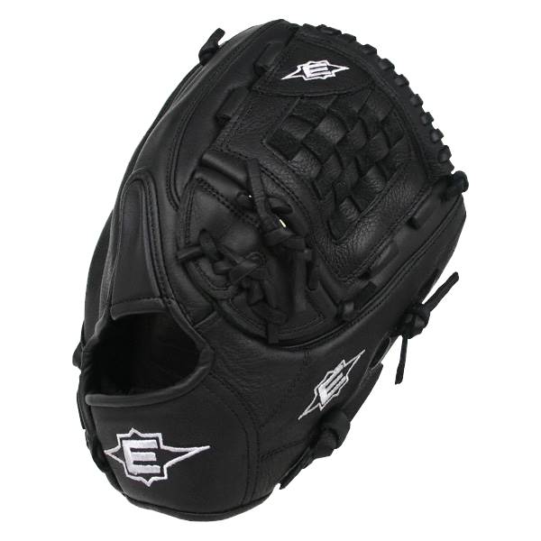 Top-down view of a black baseball glove with a woven web and white Easton logos.