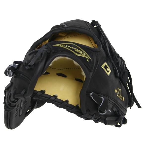 Front view of a black baseball glove with gold GLOVESMITHElite branding and a diamond logo.
