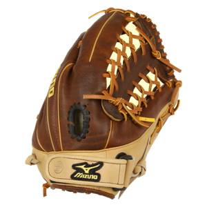 Side view of a brown and tan baseball glove with yellow lacing and Mizuno branding.