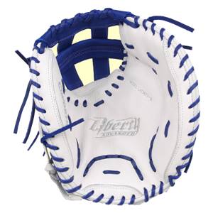 Top-down view of a white and royal blue fastpitch catchers mitt with Liberty Advanced branding and model LACMFP-R.