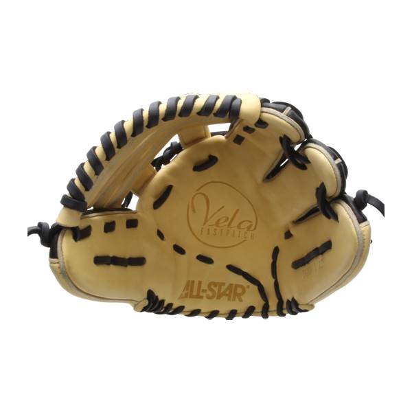 Front view of a tan fastpitch glove with black lacing and Vela Fastpitch and ALL-STAR branding.