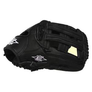 Side view of a black baseball glove with white Easton logos and a tan palm patch.