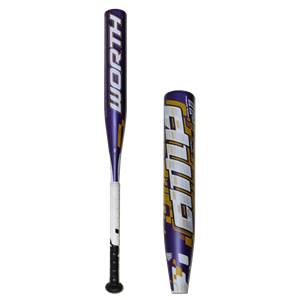 Side view of a purple softball bat with WORTH and AMP text.