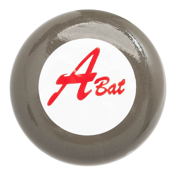 Top-down view of a gray baseball bat with a white circular logo featuring red A Bat text.