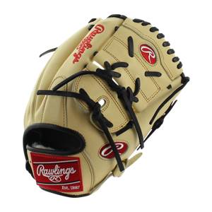 Front view of a tan baseball glove with black lacing and a red Rawlings logo patch.
