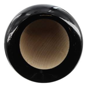 Top-down view of a black baseball bat with a natural wood interior.