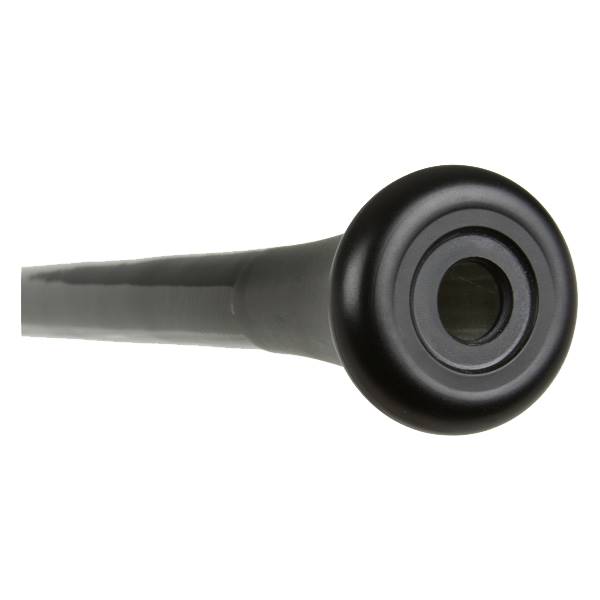 End view of a black baseball bat with concentric rings on the knob.