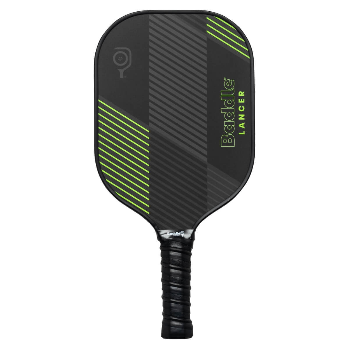 Front view of a black Baddle Lancer pickleball paddle with green diagonal stripes and a textured grip.