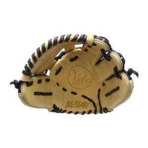 Front view of a tan fastpitch glove with black lacing and Vela Fastpitch and ALL-STAR branding.