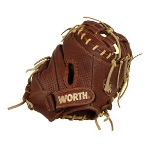 Side view of a brown baseball glove with WORTH branding and tan lacing.