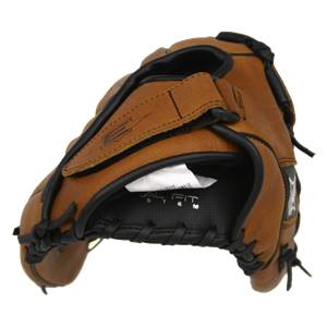 Top-down view of a brown baseball glove with black lacing and a visible REAL FIT label.