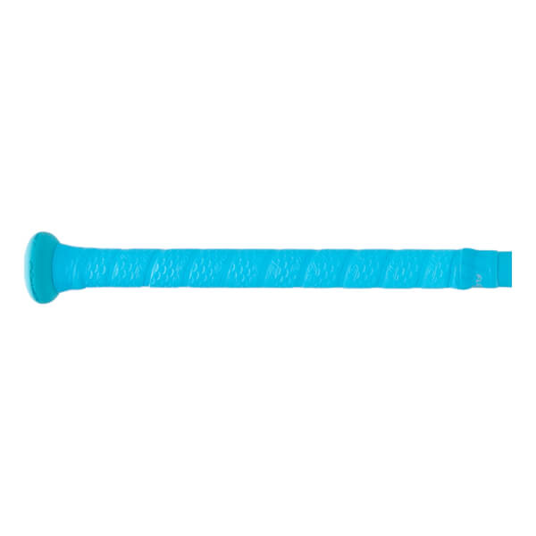 Side view of a blue baseball bat with a textured grip and a rounded end cap.