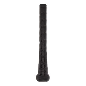 Close-up of a black baseball bat grip with a textured pattern and a black end cap.